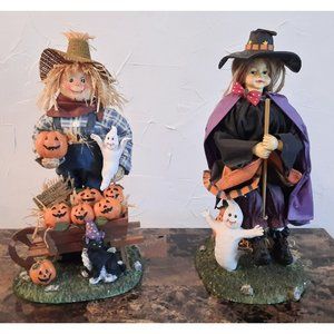 Halloween Witch & Scarecrow Fabric Mache Figurines 13" Original Box
